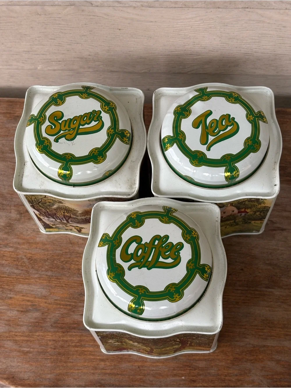 VTG tea, coffee, and sugar tins manufactured by MSR Imports in Hong Kong
